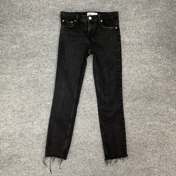 Zara Mid Waist The Skinny Jeans Womens 2 Raw Hem 5 Pocket Denim Stretch Pants - Picture 3 of 14
